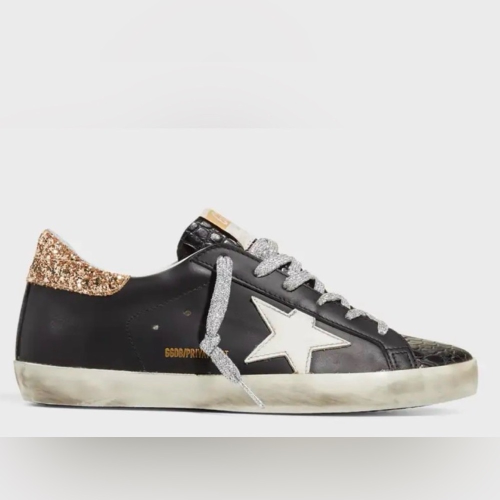 Golden Goose Black Leather Sneakers with White Star and Gold Glitter Heel